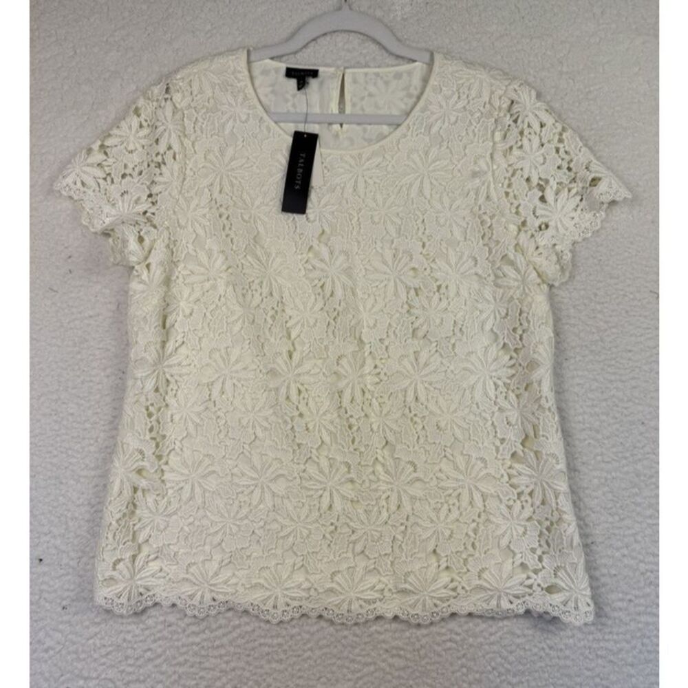 NEW Talbots Shirt Womens 14‎ Ivory Floral Lace Short Sleeve Scalloped Hem Casual